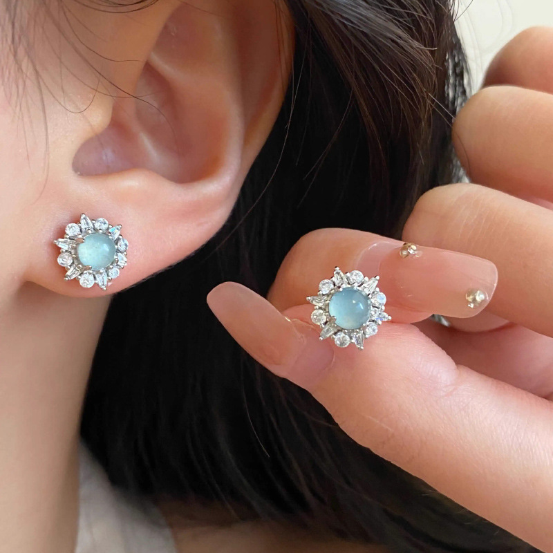 Chinese-Style Jade Earrings in Blue-Green with Sparkling Diamonds and Zirconia, Women's Versatile 2025 Fashion Jewelry Chinese-Style Jade Earrings in Blue-Green with Sparkling Diamonds and Zirconia, Women's Versatile 2025 Fashion Jewelry