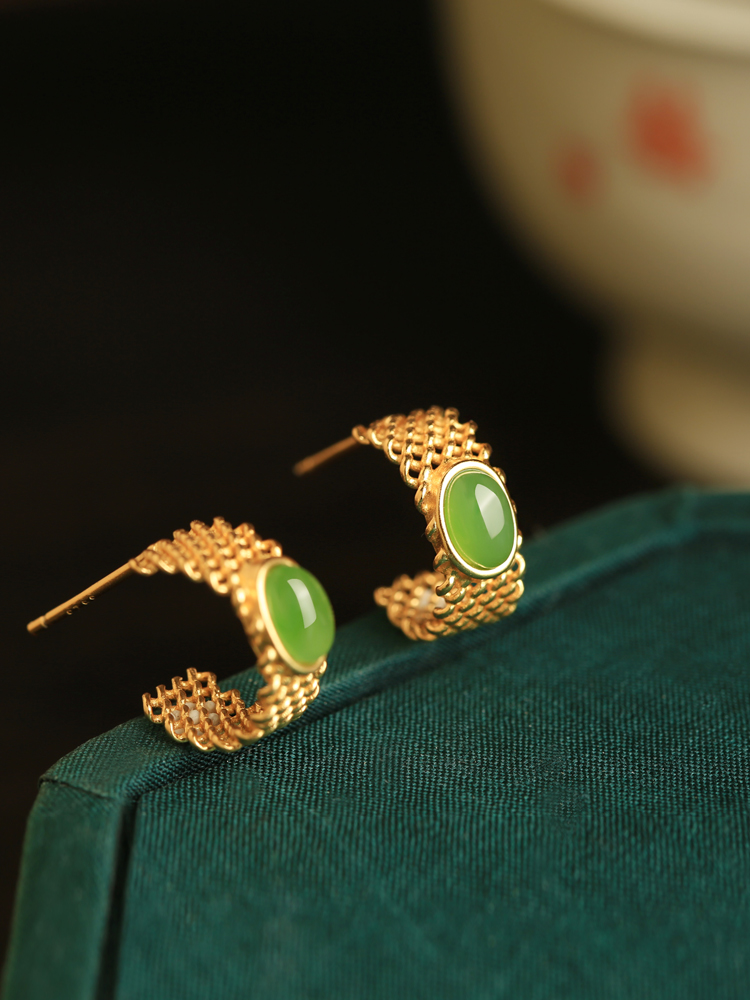 Chinese Style Jade Green Earrings with Gold Inlay - Pure Silver Jewelry for Women - Summer National Trend Chinese Style Jade Green Earrings with Gold Inlay - Pure Silver Jewelry for Women - Summer National Trend