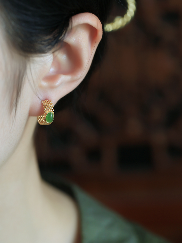 Chinese Style Jade Green Earrings with Gold Inlay - Pure Silver Jewelry for Women - Summer National Trend Chinese Style Jade Green Earrings with Gold Inlay - Pure Silver Jewelry for Women - Summer National Trend