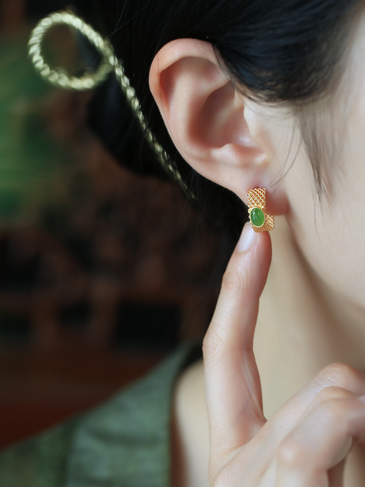 Chinese Style Jade Green Earrings with Gold Inlay - Pure Silver Jewelry for Women - Summer National Trend Chinese Style Jade Green Earrings with Gold Inlay - Pure Silver Jewelry for Women - Summer National Trend