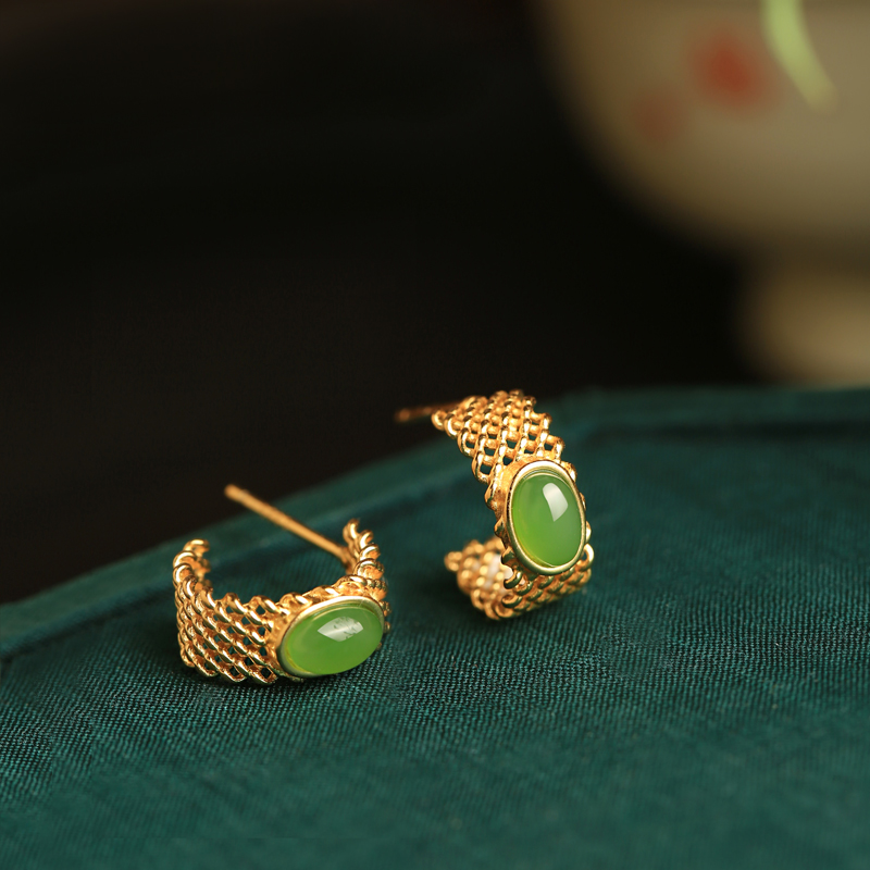 Chinese Style Jade Green Earrings with Gold Inlay - Pure Silver Jewelry for Women - Summer National Trend
