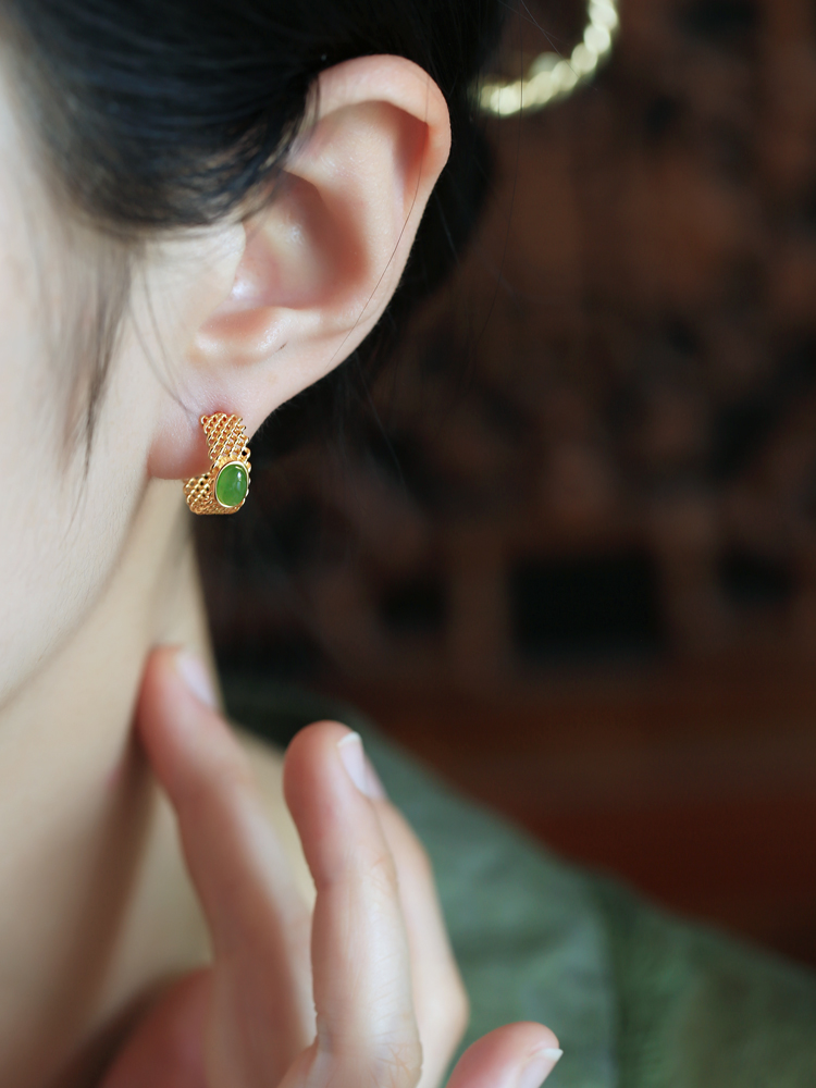 Chinese Style Jade Green Earrings with Gold Inlay - Pure Silver Jewelry for Women - Summer National Trend