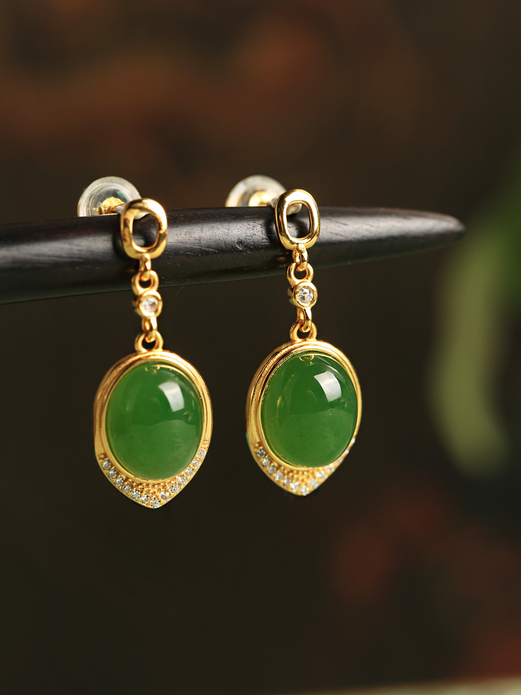 Chinese Style Jade Green Water Drop Earrings - 18K Gold-Plated Silver, High-End Light Luxury Drop Earrings for Women Chinese Style Jade Green Water Drop Earrings - 18K Gold-Plated Silver, High-End Light Luxury Drop Earrings for Women