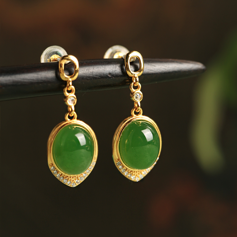 Chinese Style Jade Green Water Drop Earrings - 18K Gold-Plated Silver, High-End Light Luxury Drop Earrings for Women