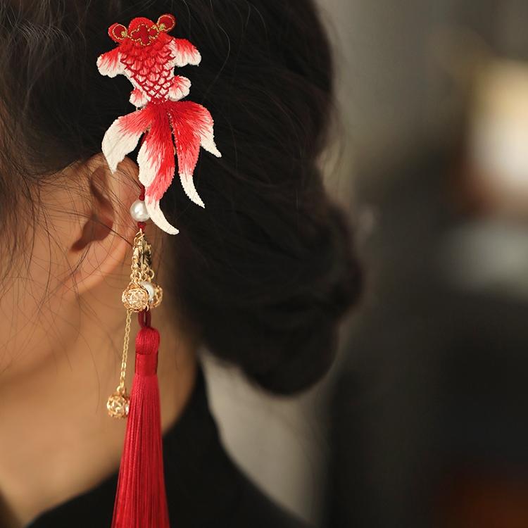 Chinese Style Koi Girl Hair Clip with Tassels - Red Embroidery Ancient Hanfu Side Clip for Kids