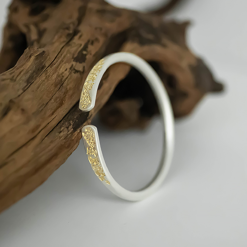 Chinese Style Lucky Cat Pure Silver 9999 Gold-Plated Cuff Bracelet for Women - Ancient Method Open Bangle Gift