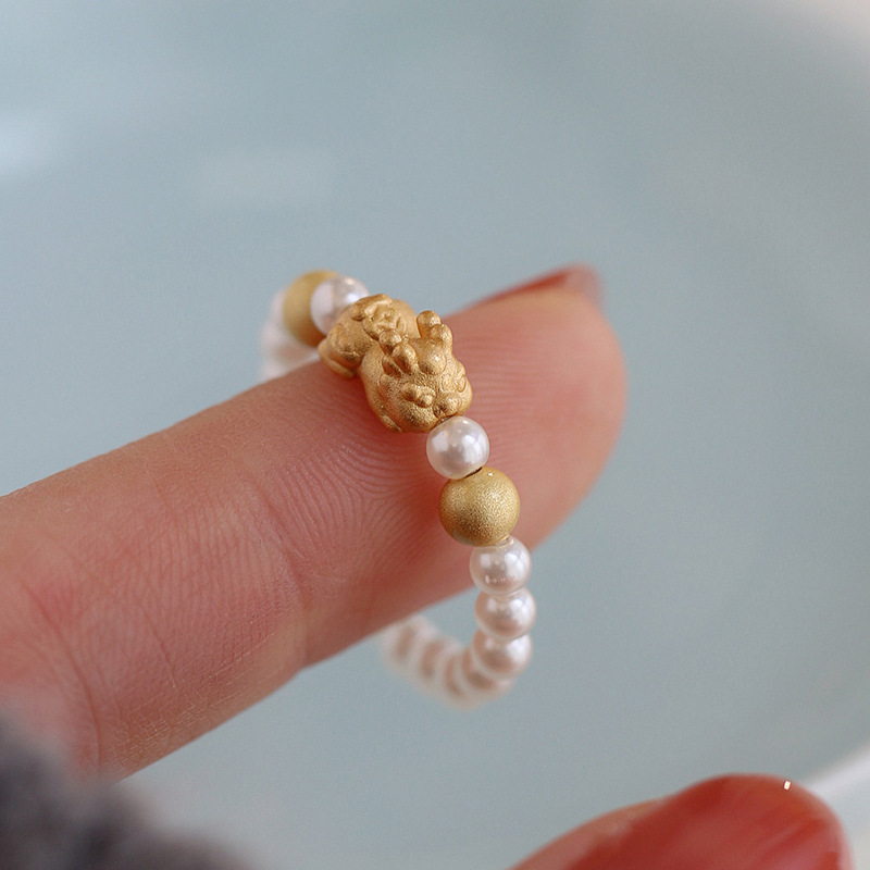 Chinese Style Matte Gold Pixiu Pearl Ring for Women - Wealth-Attracting Mythical Beast Design, 2025 National Trend Jewelry