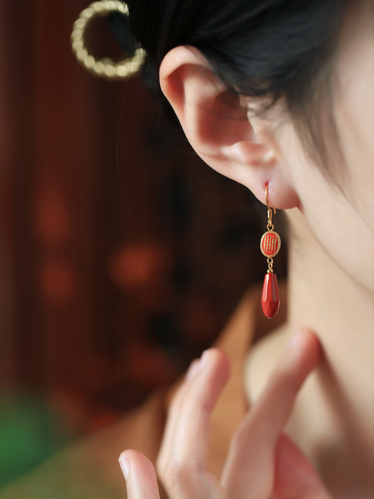 Chinese Style Natural Cinnabar Pure Silver Earrings with Five Scriptures for Women - Red Zodiac Year Ear Accessories Chinese Style Natural Cinnabar Pure Silver Earrings with Five Scriptures for Women - Red Zodiac Year Ear Accessories