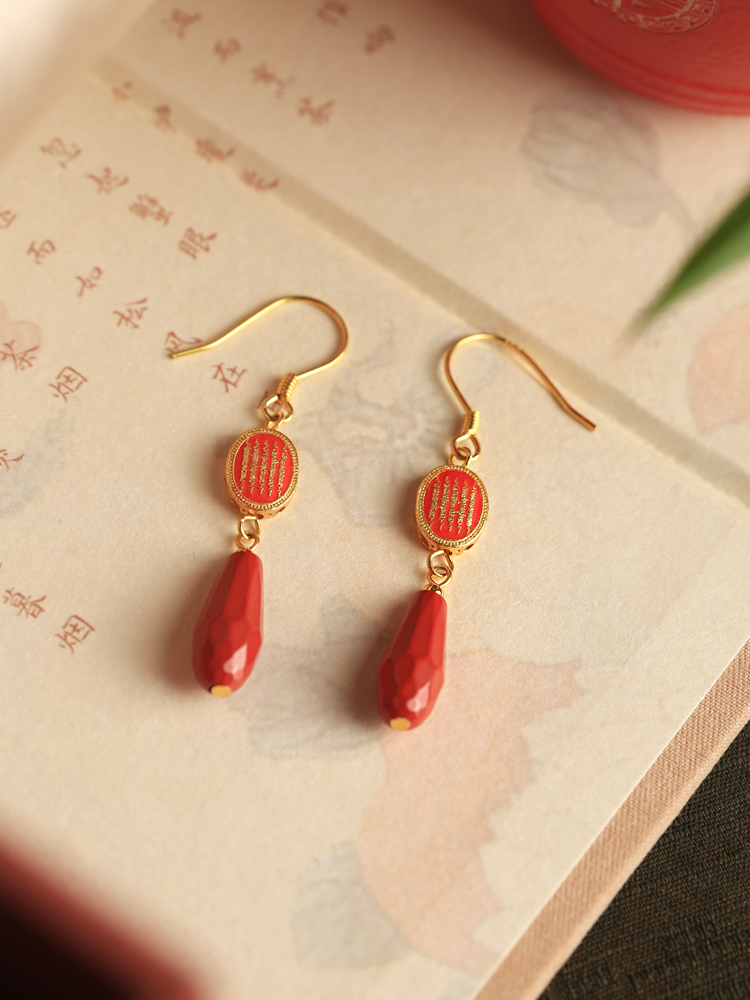 Chinese Style Natural Cinnabar Pure Silver Earrings with Five Scriptures for Women - Red Zodiac Year Ear Accessories Chinese Style Natural Cinnabar Pure Silver Earrings with Five Scriptures for Women - Red Zodiac Year Ear Accessories