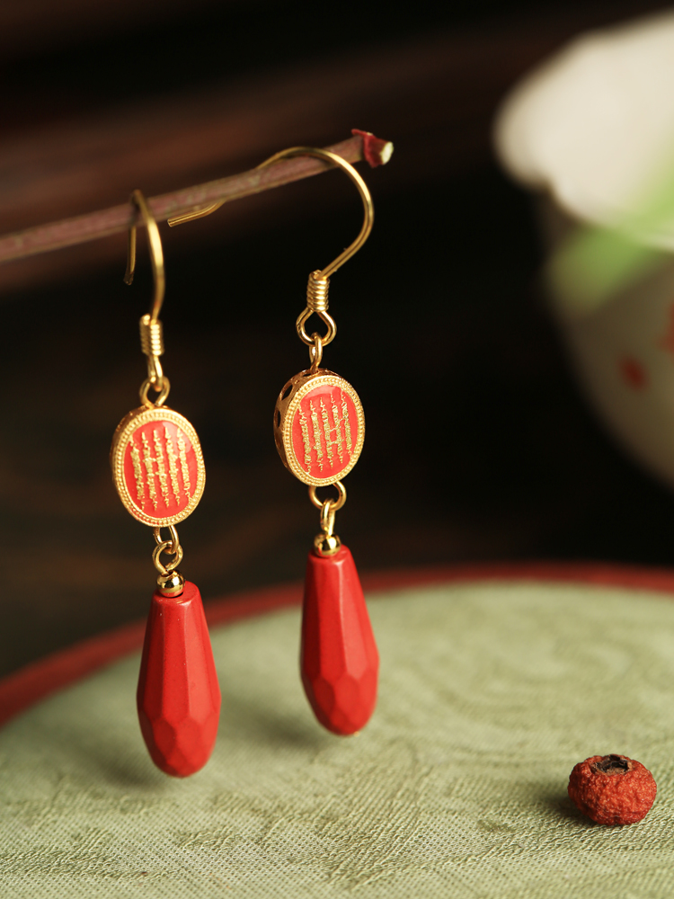 Chinese Style Natural Cinnabar Pure Silver Earrings with Five Scriptures for Women - Red Zodiac Year Ear Accessories Chinese Style Natural Cinnabar Pure Silver Earrings with Five Scriptures for Women - Red Zodiac Year Ear Accessories