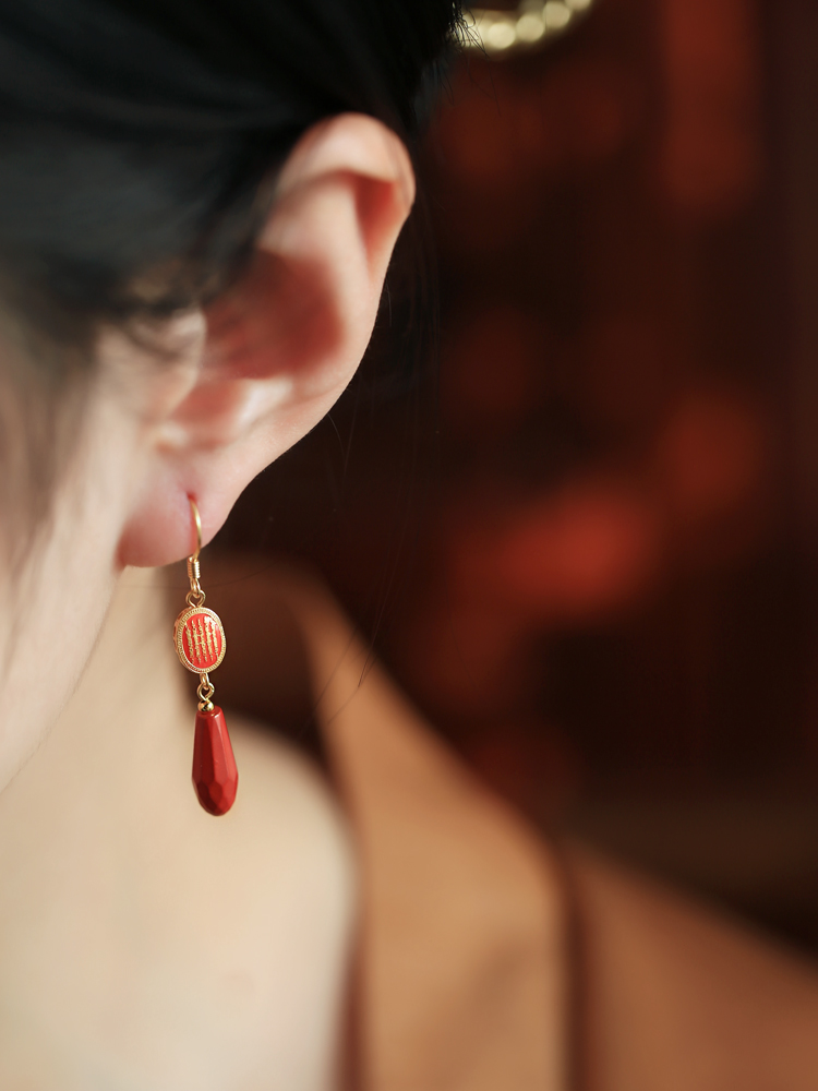 Chinese Style Natural Cinnabar Pure Silver Earrings with Five Scriptures for Women - Red Zodiac Year Ear Accessories Chinese Style Natural Cinnabar Pure Silver Earrings with Five Scriptures for Women - Red Zodiac Year Ear Accessories