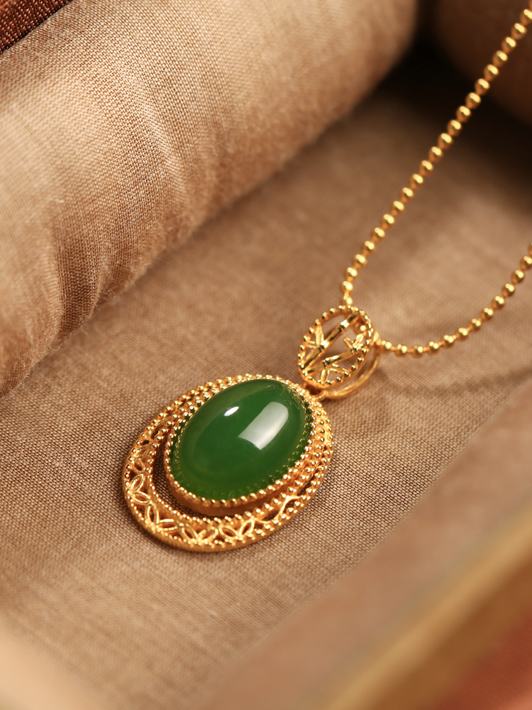 Chinese Style Natural Hetian Jade Green Water Droplet Pendant Necklace with Silver Peace Buckle and Gold Inlaid Design for Women Chinese Style Natural Hetian Jade Green Water Droplet Pendant Necklace with Silver Peace Buckle and Gold Inlaid Design for Women