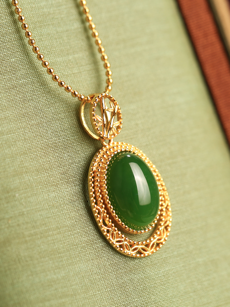 Chinese Style Natural Hetian Jade Green Water Droplet Pendant Necklace with Silver Peace Buckle and Gold Inlaid Design for Women
