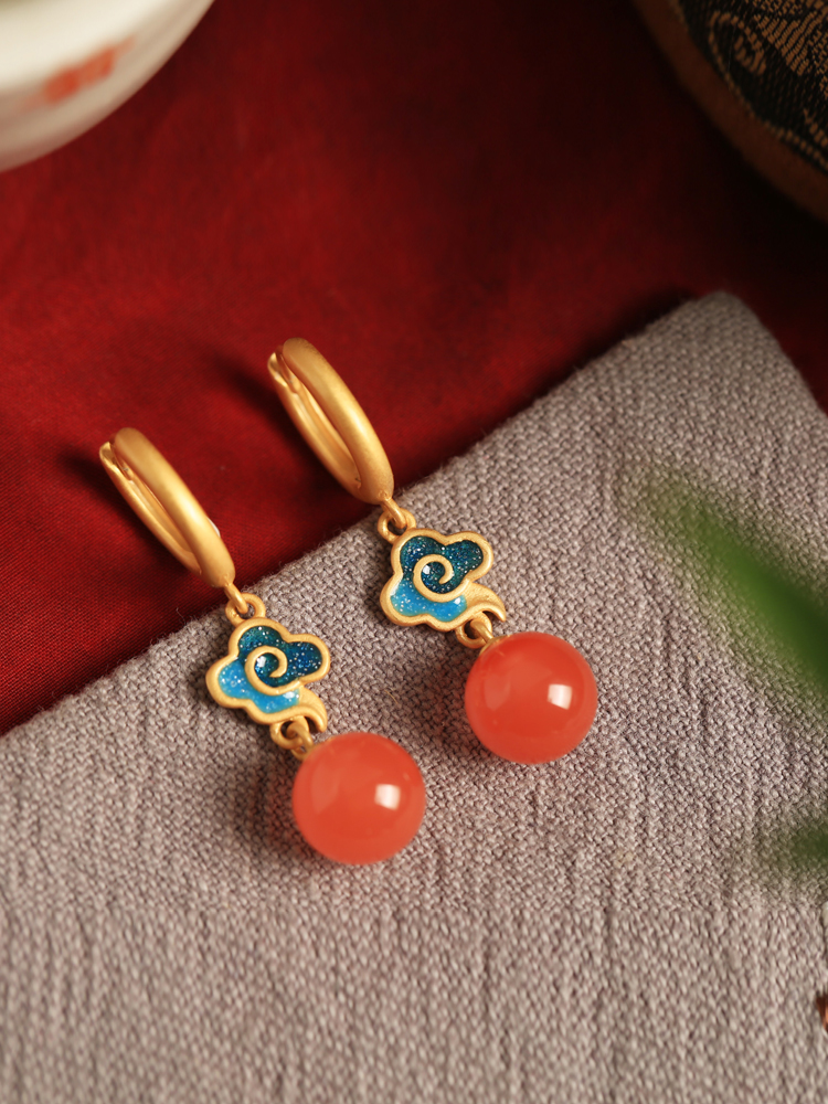 Chinese Style Natural Red Agate Pure Silver Auspicious Cloud Earrings for Women - Enamel Color Birth Year Pendants Chinese Style Natural Red Agate Pure Silver Auspicious Cloud Earrings for Women - Enamel Color Birth Year Pendants
