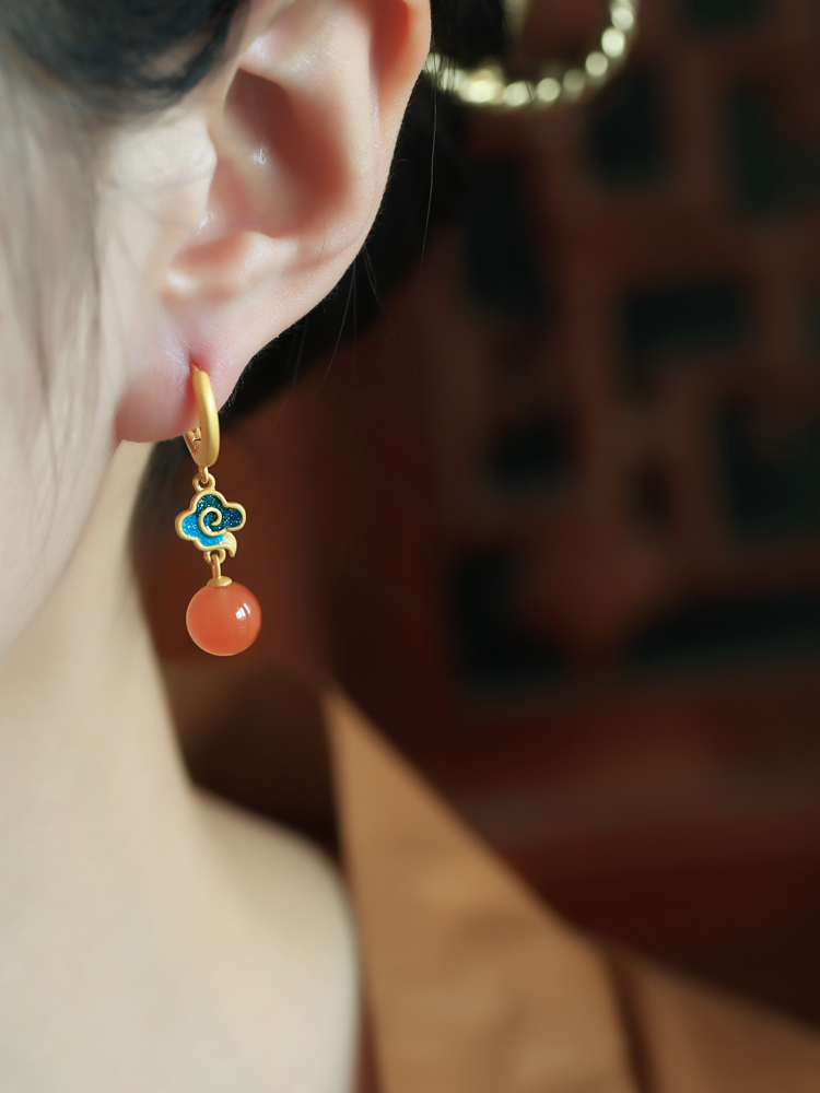 Chinese Style Natural Red Agate Pure Silver Auspicious Cloud Earrings for Women - Enamel Color Birth Year Pendants Chinese Style Natural Red Agate Pure Silver Auspicious Cloud Earrings for Women - Enamel Color Birth Year Pendants
