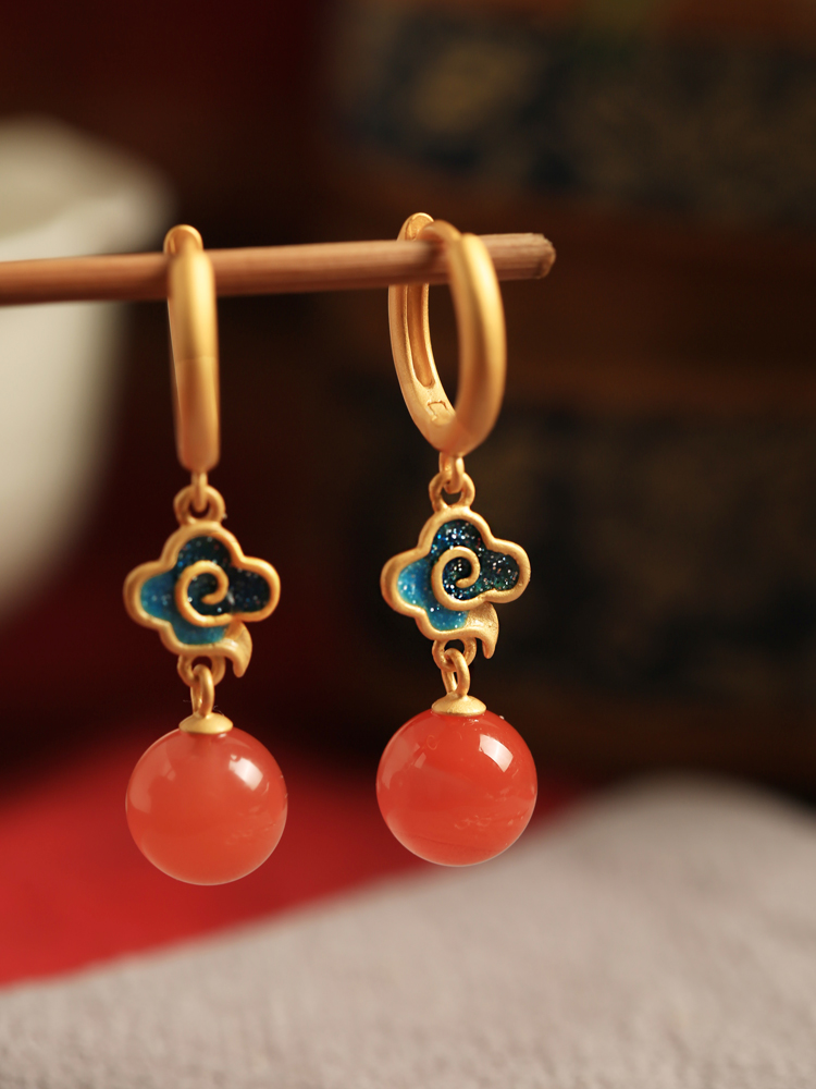 Chinese Style Natural Red Agate Pure Silver Auspicious Cloud Earrings for Women - Enamel Color Birth Year Pendants Chinese Style Natural Red Agate Pure Silver Auspicious Cloud Earrings for Women - Enamel Color Birth Year Pendants