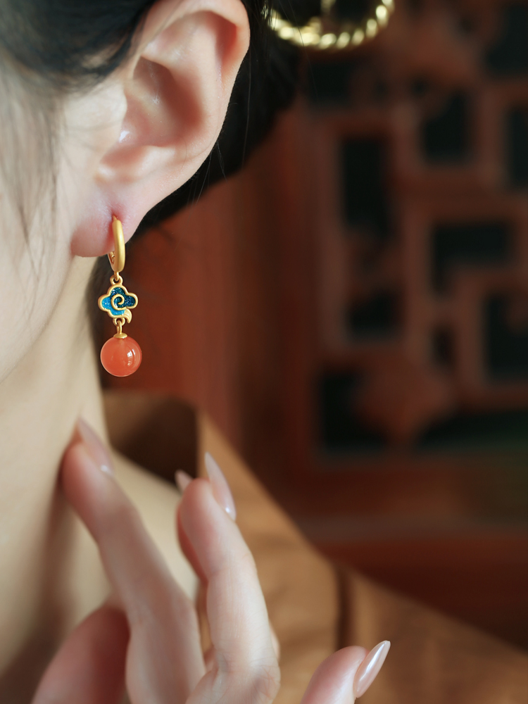 Chinese Style Natural Red Agate Pure Silver Auspicious Cloud Earrings for Women - Enamel Color Birth Year Pendants Chinese Style Natural Red Agate Pure Silver Auspicious Cloud Earrings for Women - Enamel Color Birth Year Pendants