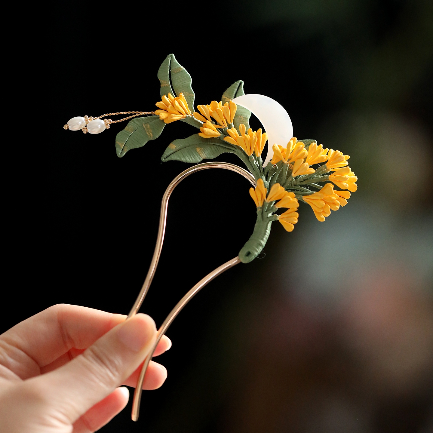 Chinese-Style Osmanthus Hairpin for Updos, Floral Hanfu Headwear, Ancient Tang U-Shaped Hair Accessory