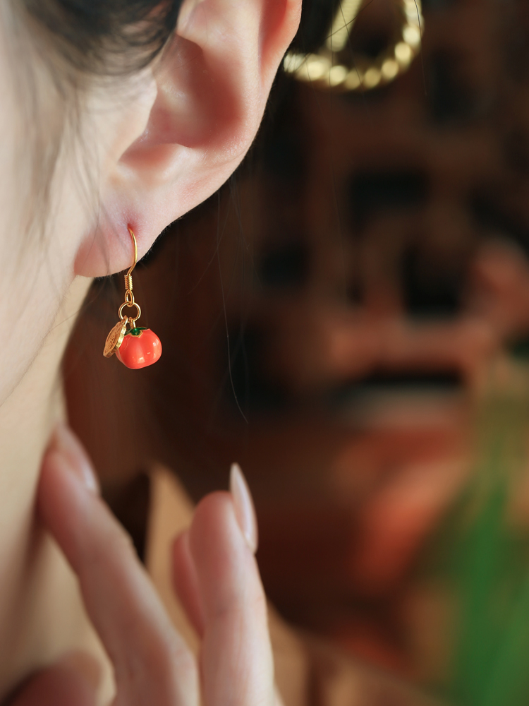 Chinese Style Persimmon-Shaped Silver Enamel Earrings for Women, Good Fortune Design, Red Stud and Drop Earrings Chinese Style Persimmon-Shaped Silver Enamel Earrings for Women, Good Fortune Design, Red Stud and Drop Earrings
