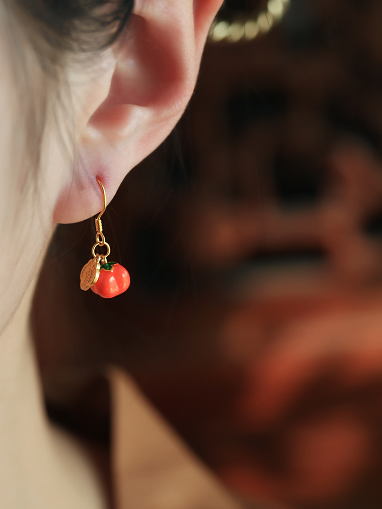 Chinese Style Persimmon-Shaped Silver Enamel Earrings for Women, Good Fortune Design, Red Stud and Drop Earrings