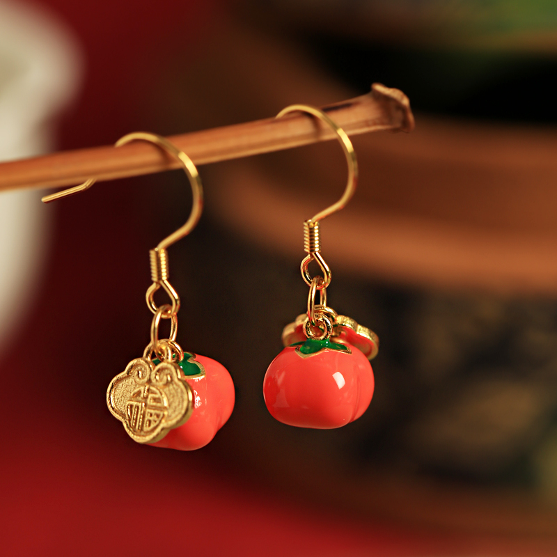Chinese Style Persimmon-Shaped Silver Enamel Earrings for Women, Good Fortune Design, Red Stud and Drop Earrings