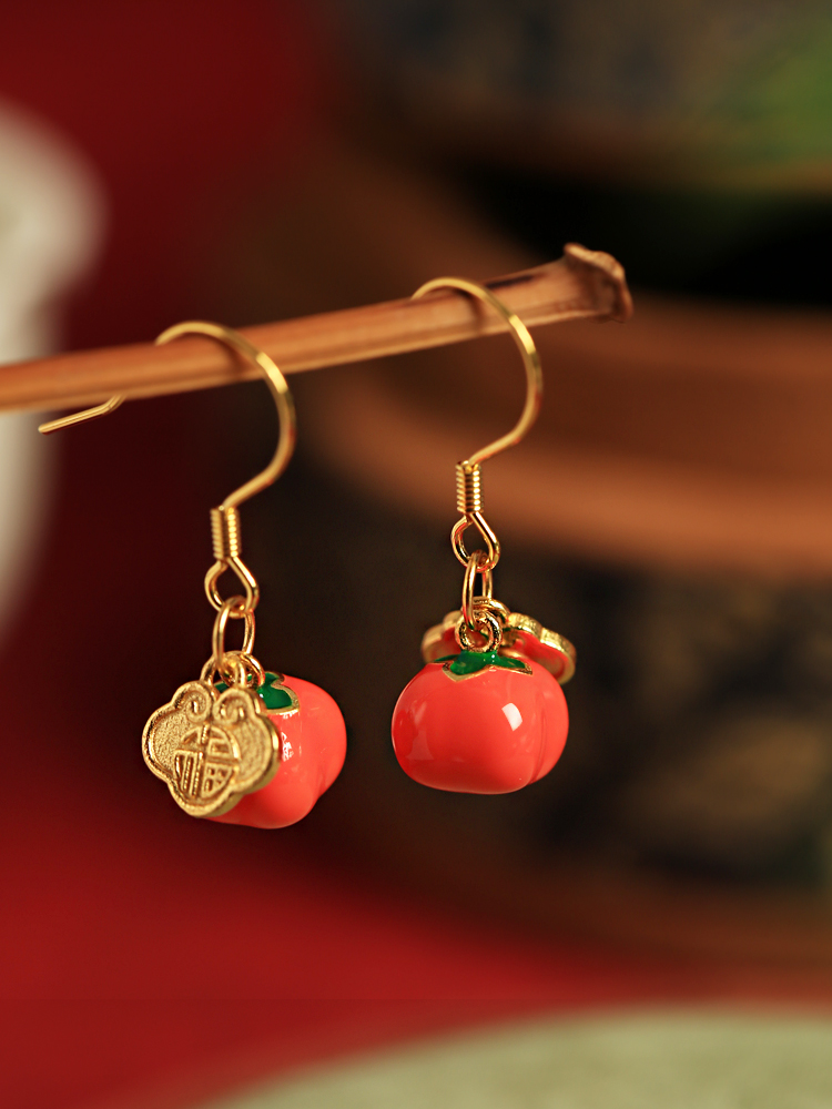 Chinese Style Persimmon-Shaped Silver Enamel Earrings for Women, Good Fortune Design, Red Stud and Drop Earrings Chinese Style Persimmon-Shaped Silver Enamel Earrings for Women, Good Fortune Design, Red Stud and Drop Earrings