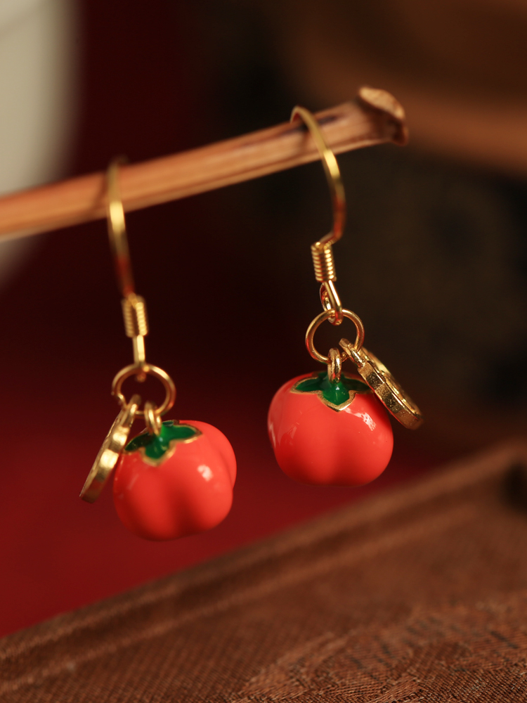 Chinese Style Persimmon-Shaped Silver Enamel Earrings for Women, Good Fortune Design, Red Stud and Drop Earrings Chinese Style Persimmon-Shaped Silver Enamel Earrings for Women, Good Fortune Design, Red Stud and Drop Earrings