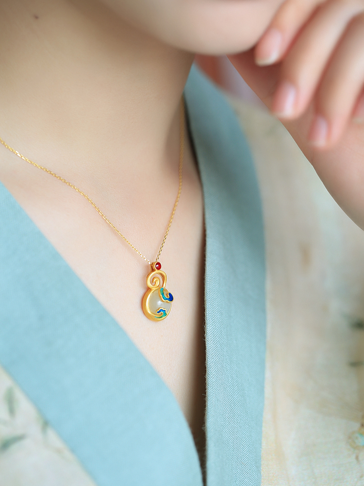 Chinese Style Pure Silver Enamel Gourd Pendant Necklace with Jade Clavicle Chain for Women - National Wind Design