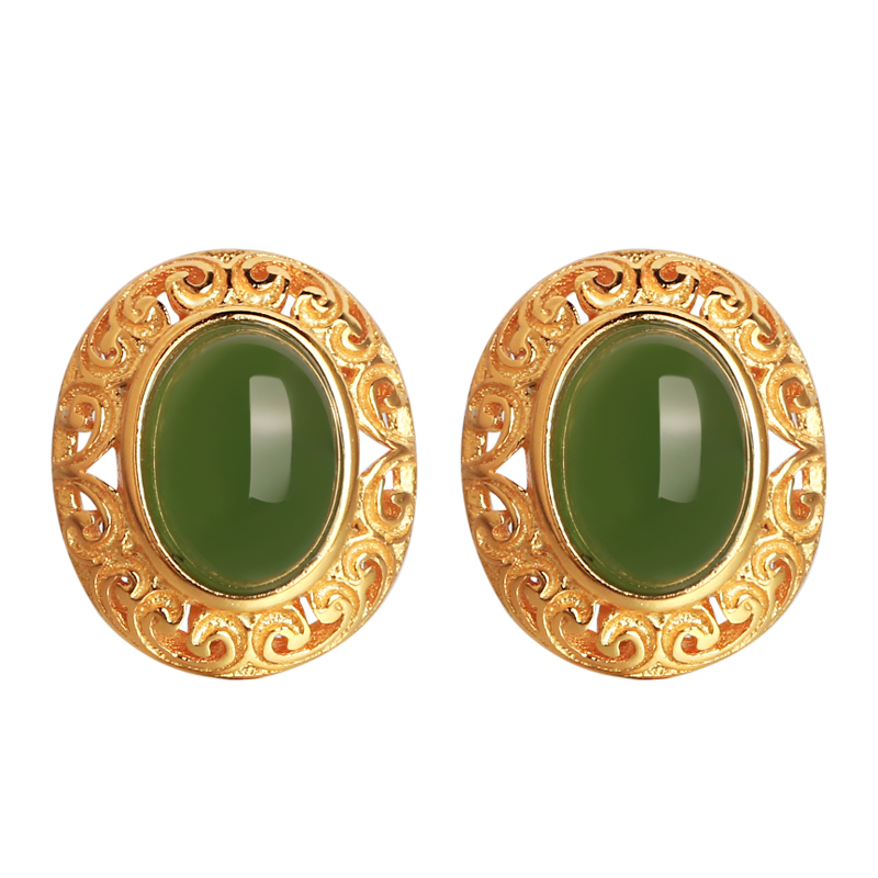 Chinese Style Pure Silver Flower Wire Earrings with Green Jadeite - Light Luxury National Wind Accessories for Women