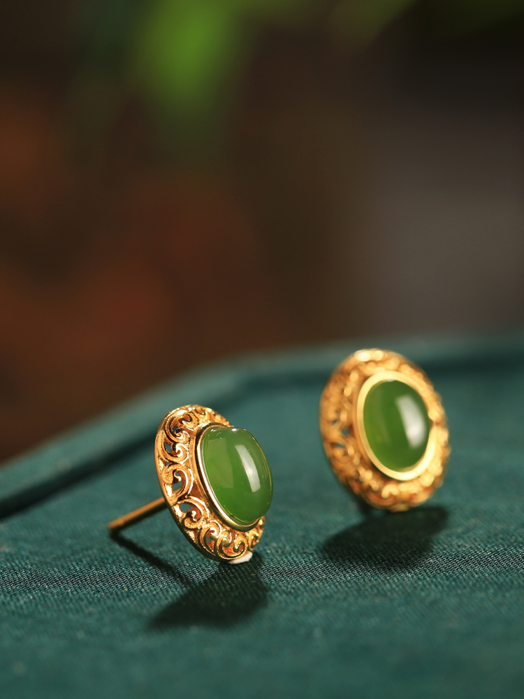 Chinese Style Pure Silver Flower Wire Earrings with Green Jadeite - Light Luxury National Wind Accessories for Women Chinese Style Pure Silver Flower Wire Earrings with Green Jadeite - Light Luxury National Wind Accessories for Women