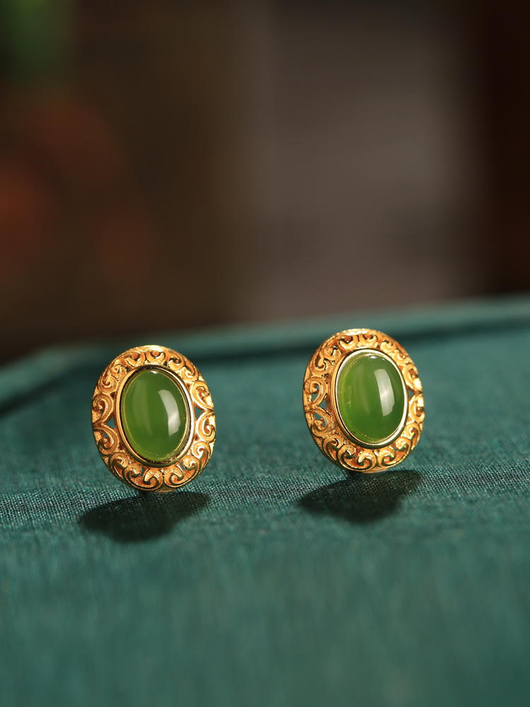 Chinese Style Pure Silver Flower Wire Earrings with Green Jadeite - Light Luxury National Wind Accessories for Women Chinese Style Pure Silver Flower Wire Earrings with Green Jadeite - Light Luxury National Wind Accessories for Women