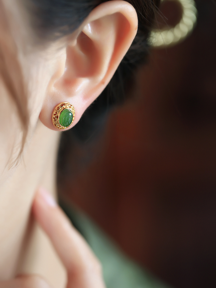 Chinese Style Pure Silver Flower Wire Earrings with Green Jadeite - Light Luxury National Wind Accessories for Women Chinese Style Pure Silver Flower Wire Earrings with Green Jadeite - Light Luxury National Wind Accessories for Women