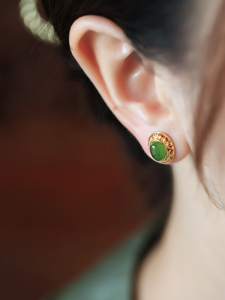 Chinese Style Pure Silver Flower Wire Earrings with Green Jadeite - Light Luxury National Wind Accessories for Women