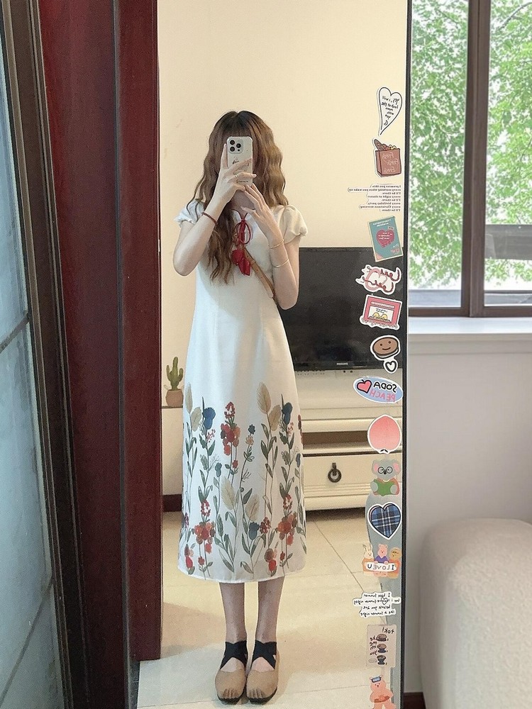 Chinese-Style Qipao Dress for Women, Vintage French Design, Niche Gentle Long Skirt for Summer, Elegant 90s Aesthetic Chinese-Style Qipao Dress for Women, Vintage French Design, Niche Gentle Long Skirt for Summer, Elegant 90s Aesthetic