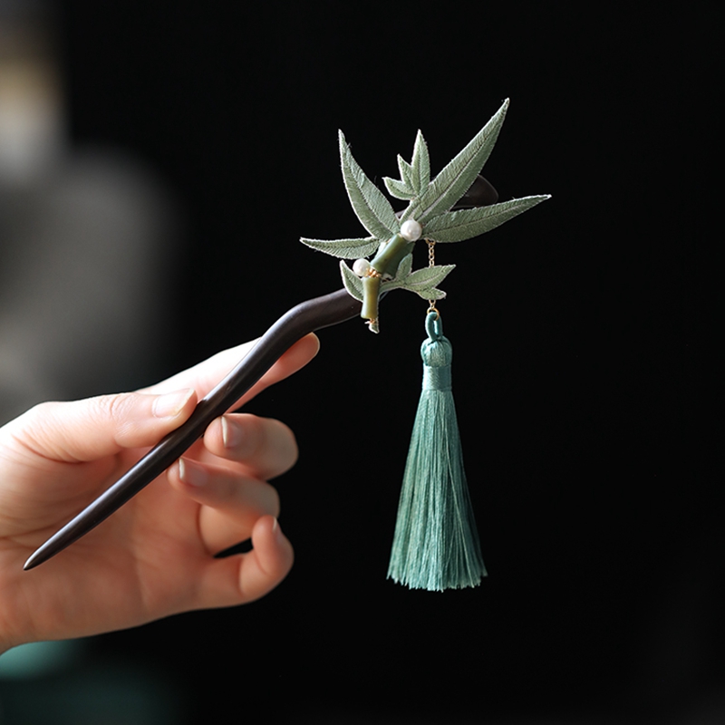Chinese-Style Qipao Hairpin with Embroidered Bamboo Leaves, Flowing Tassel, Hanfu Accessory, National Style Hair Accessory