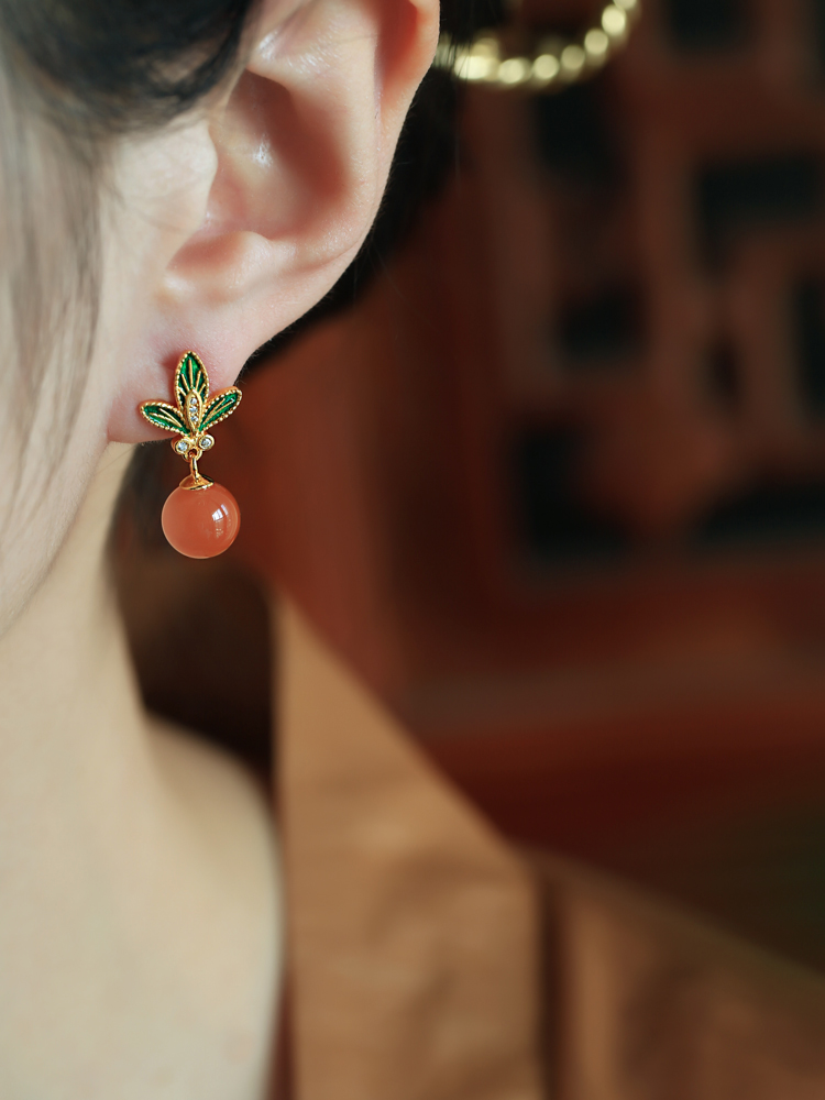 Chinese Style Red Agate Flower Branch Earrings for Women - Pure Silver Enamel Drop Studs, Natural Southern Design Chinese Style Red Agate Flower Branch Earrings for Women - Pure Silver Enamel Drop Studs, Natural Southern Design