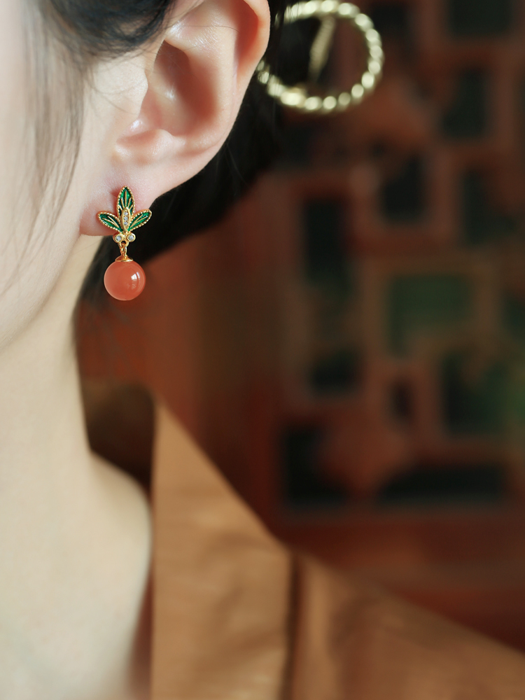 Chinese Style Red Agate Flower Branch Earrings for Women - Pure Silver Enamel Drop Studs, Natural Southern Design
