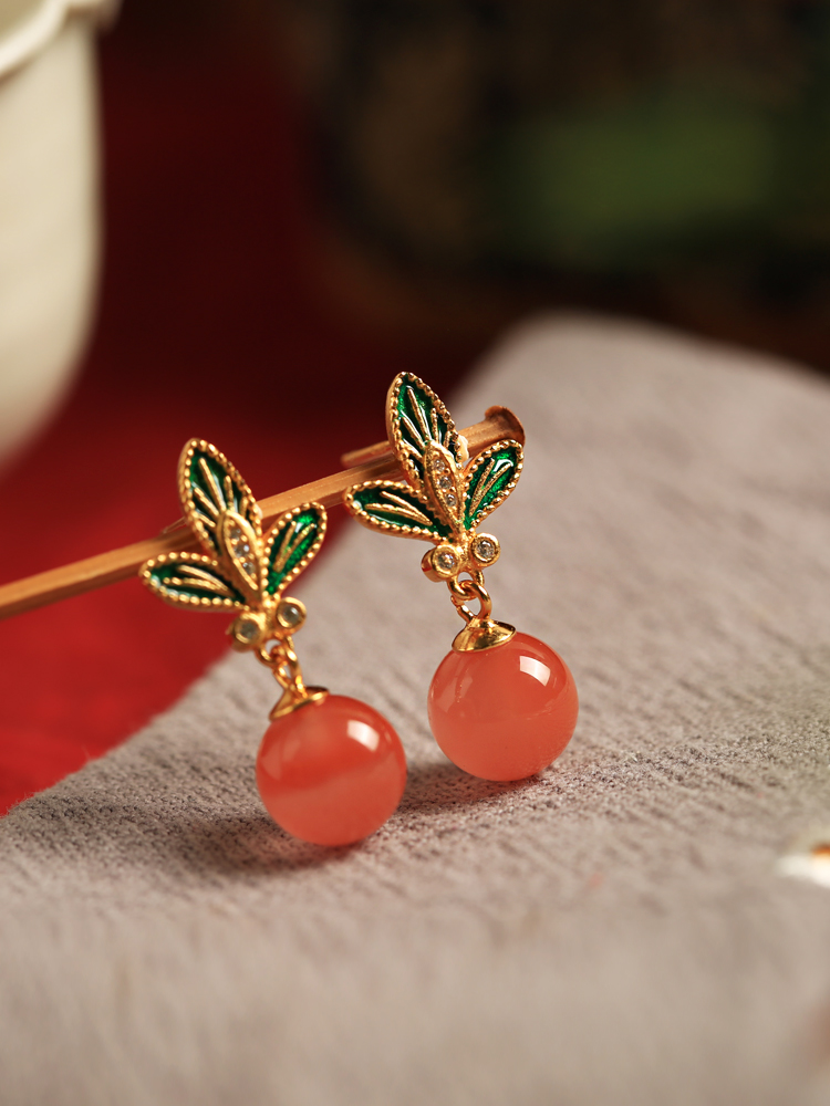 Chinese Style Red Agate Flower Branch Earrings for Women - Pure Silver Enamel Drop Studs, Natural Southern Design Chinese Style Red Agate Flower Branch Earrings for Women - Pure Silver Enamel Drop Studs, Natural Southern Design