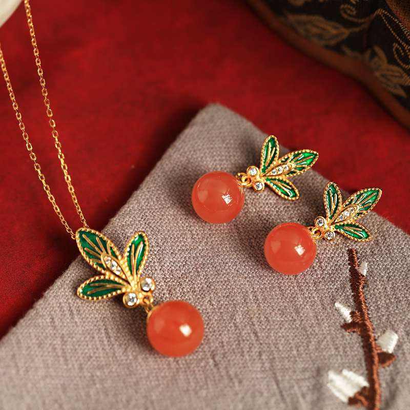 Chinese Style Red Agate Flower Branch Earrings for Women - Pure Silver Enamel Drop Studs, Natural Southern Design Chinese Style Red Agate Flower Branch Earrings for Women - Pure Silver Enamel Drop Studs, Natural Southern Design