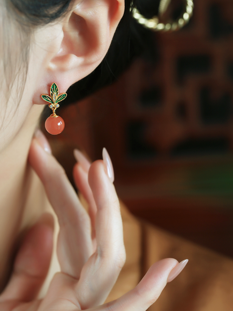 Chinese Style Red Agate Flower Branch Earrings for Women - Pure Silver Enamel Drop Studs, Natural Southern Design Chinese Style Red Agate Flower Branch Earrings for Women - Pure Silver Enamel Drop Studs, Natural Southern Design