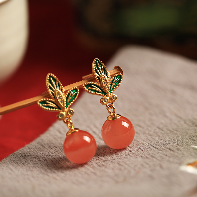 Chinese Style Red Agate Flower Branch Earrings for Women - Pure Silver Enamel Drop Studs, Natural Southern Design