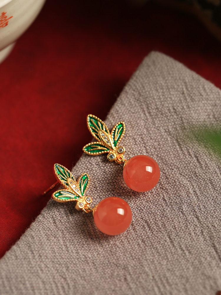 Chinese Style Red Agate Flower Branch Earrings for Women - Pure Silver Enamel Drop Studs, Natural Southern Design Chinese Style Red Agate Flower Branch Earrings for Women - Pure Silver Enamel Drop Studs, Natural Southern Design