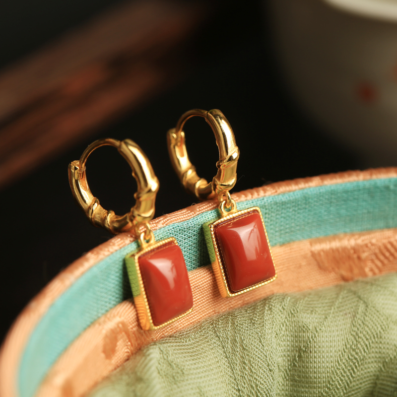 Chinese Style Red Agate Square Pendant Earrings for Women - National Wind Pure Silver Drop Accessories