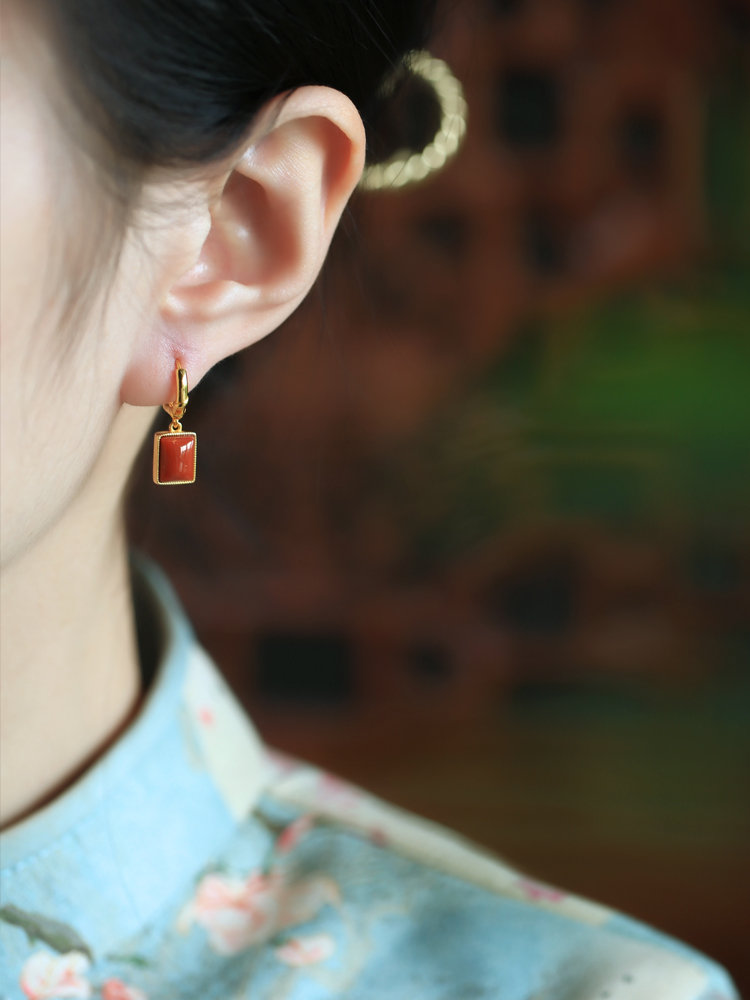 Chinese Style Red Agate Square Pendant Earrings for Women - National Wind Pure Silver Drop Accessories