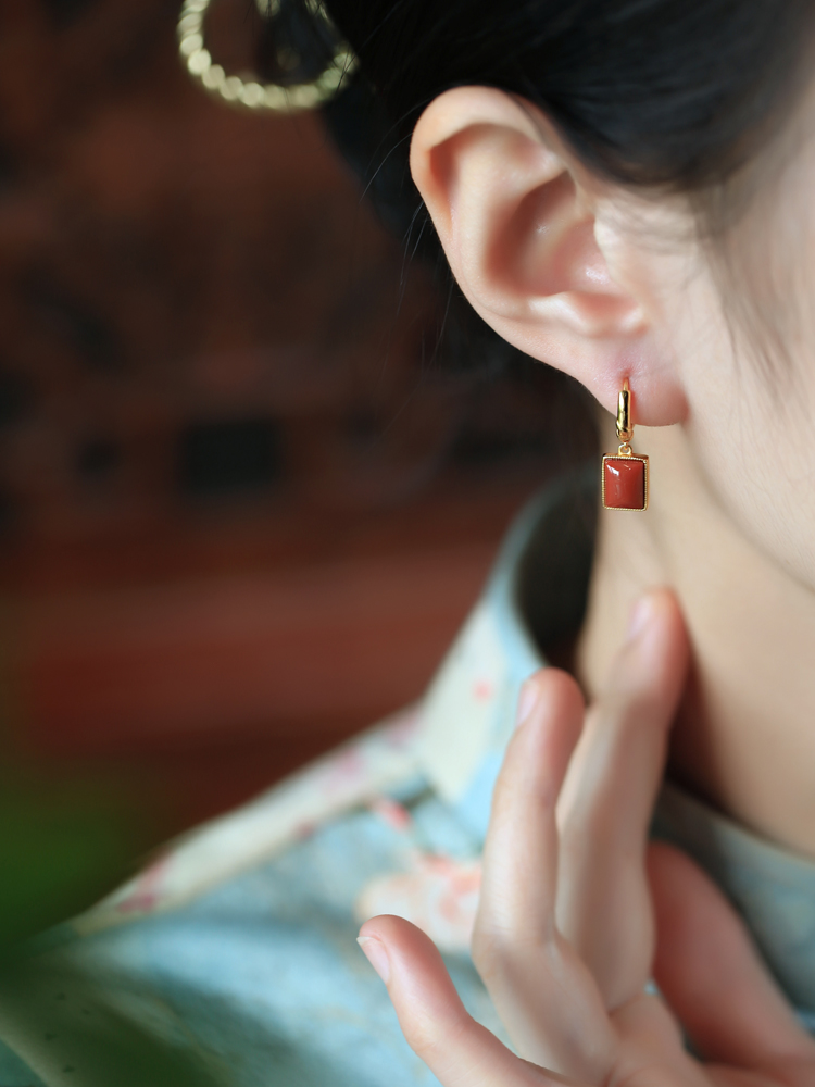 Chinese Style Red Agate Square Pendant Earrings for Women - National Wind Pure Silver Drop Accessories Chinese Style Red Agate Square Pendant Earrings for Women - National Wind Pure Silver Drop Accessories