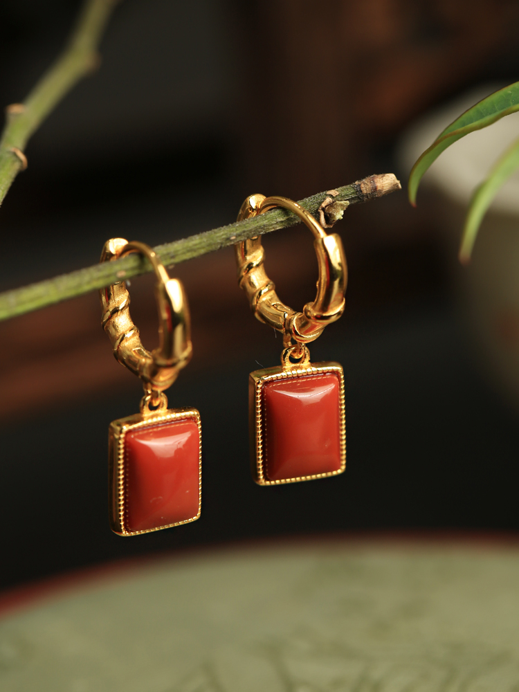Chinese Style Red Agate Square Pendant Earrings for Women - National Wind Pure Silver Drop Accessories Chinese Style Red Agate Square Pendant Earrings for Women - National Wind Pure Silver Drop Accessories