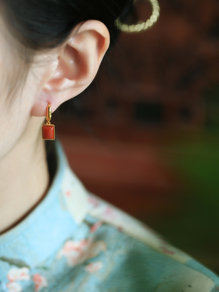 Chinese Style Red Agate Square Pendant Earrings for Women - National Wind Pure Silver Drop Accessories Chinese Style Red Agate Square Pendant Earrings for Women - National Wind Pure Silver Drop Accessories