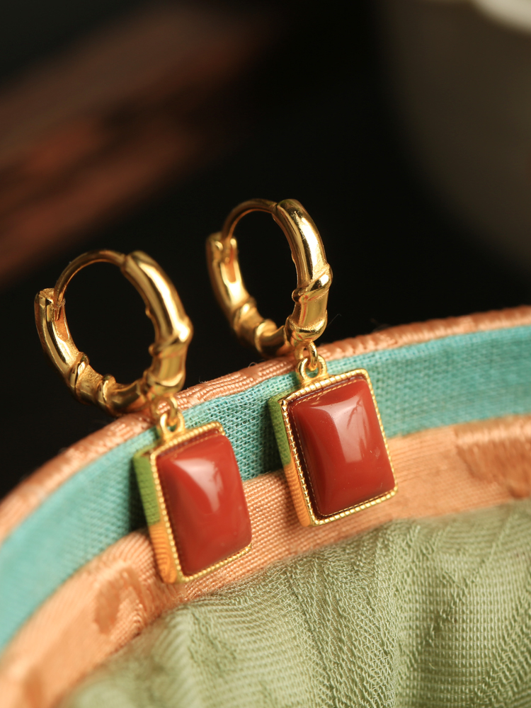 Chinese Style Red Agate Square Pendant Earrings for Women - National Wind Pure Silver Drop Accessories Chinese Style Red Agate Square Pendant Earrings for Women - National Wind Pure Silver Drop Accessories