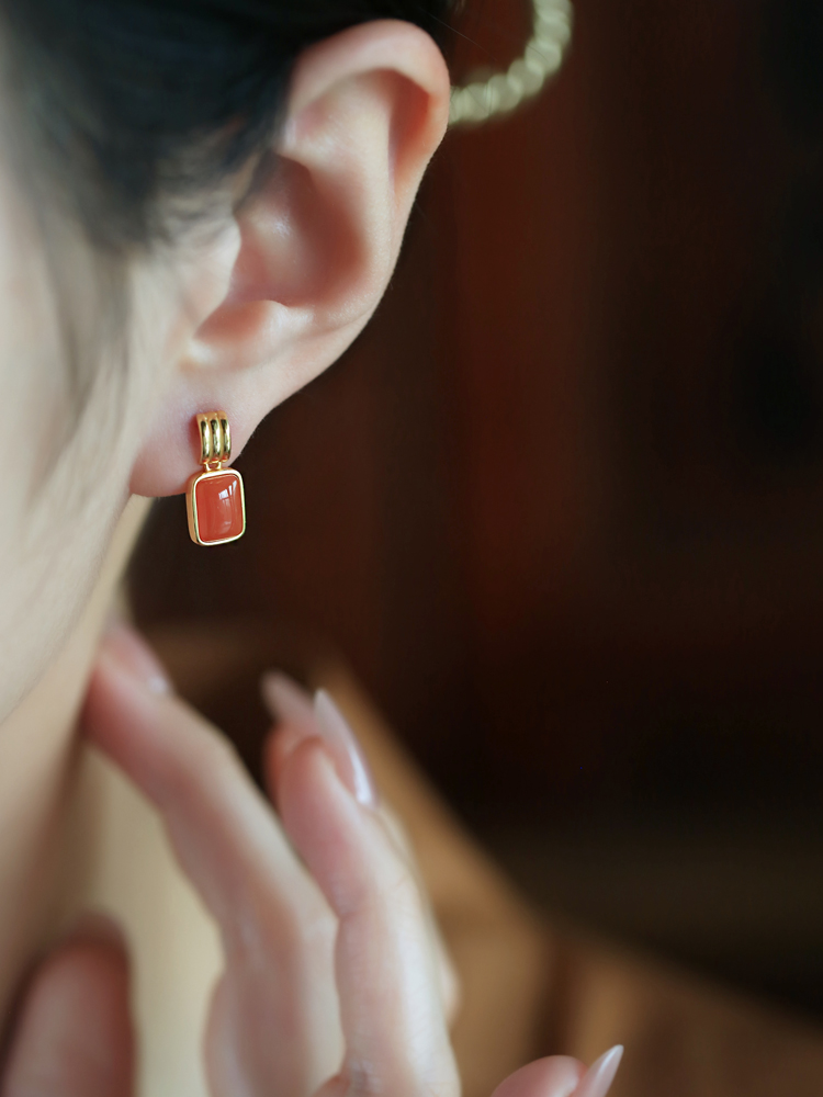 Chinese Style Red Jade Square Earrings for Women - Natural Southern Red Agate Zodiac Jewelry Chinese Style Red Jade Square Earrings for Women - Natural Southern Red Agate Zodiac Jewelry
