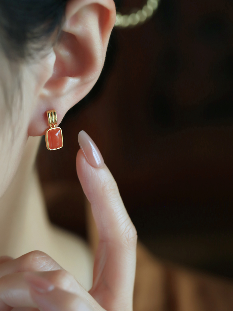 Chinese Style Red Jade Square Earrings for Women - Natural Southern Red Agate Zodiac Jewelry Chinese Style Red Jade Square Earrings for Women - Natural Southern Red Agate Zodiac Jewelry